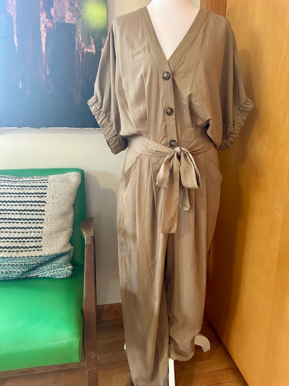 Zara Taupe Button-Front Jumpsuit with Tie Waist